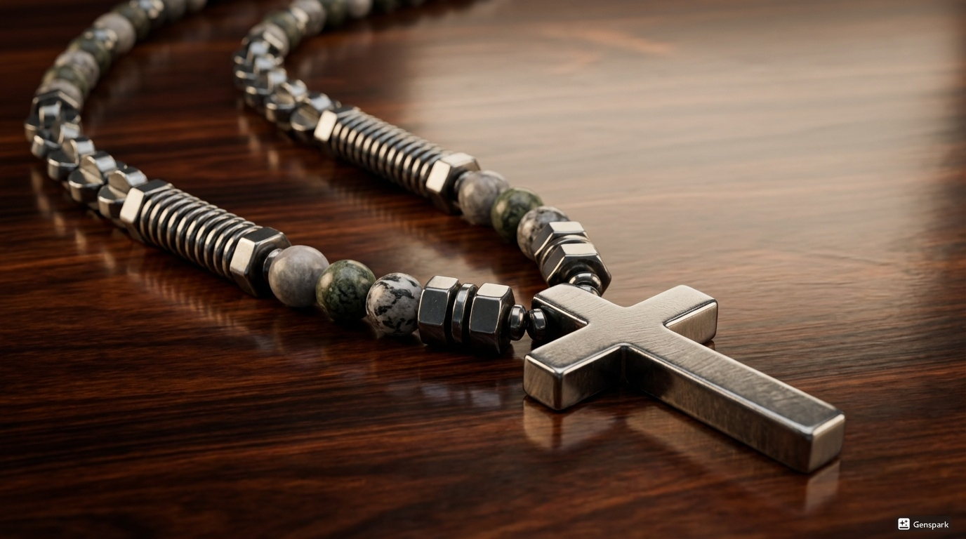 Hematite + Silver Crazy Lace Agate + Green Spider Jasper Stone Cross Necklace