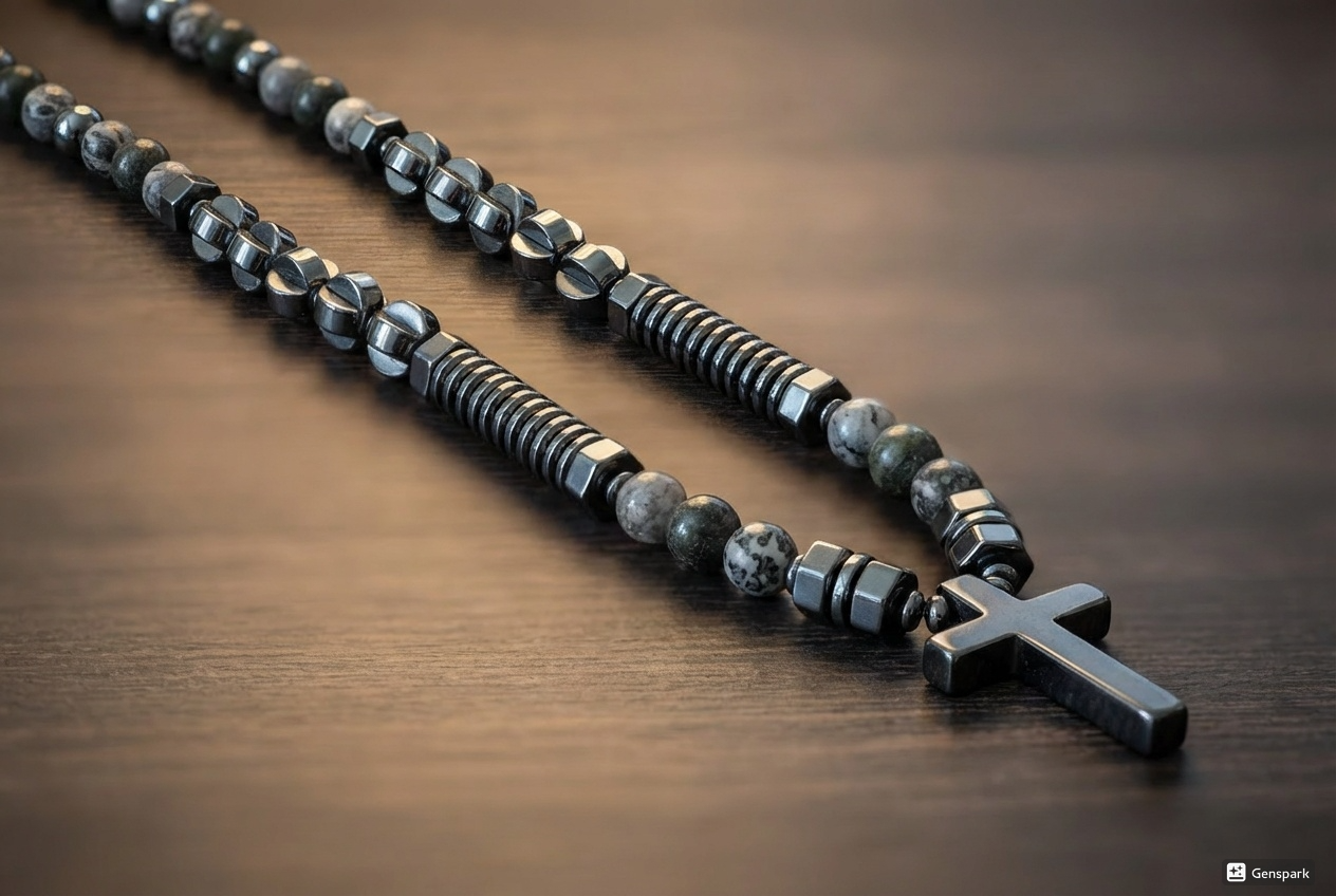 Hematite + Silver Crazy Lace Agate + Green Spider Jasper Stone Cross Necklace