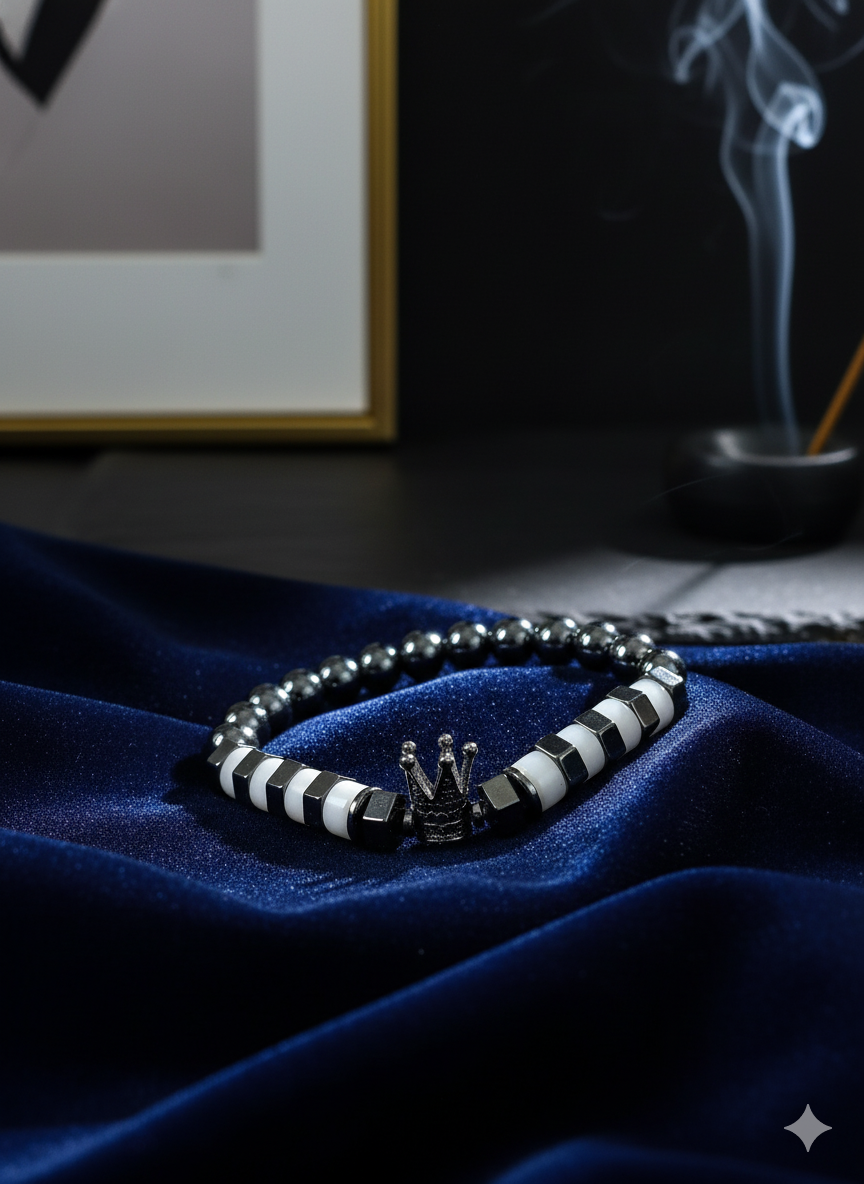 Hematite + White Quartz Crown bracelet